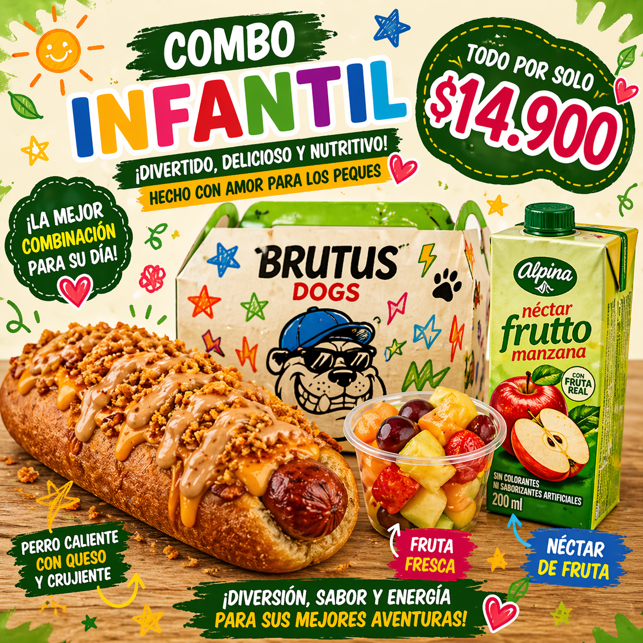 Cajita Feliz con miniperro, fruta fresca, nectar y juguete sorpresa