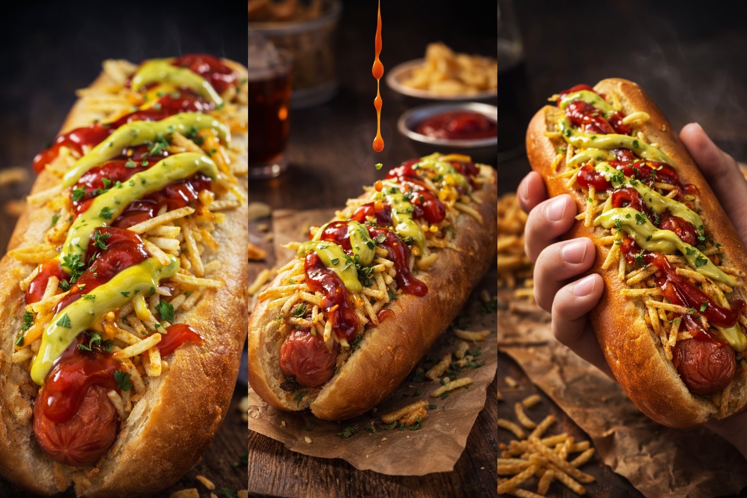 Perro caliente con papas fosforito y salsas