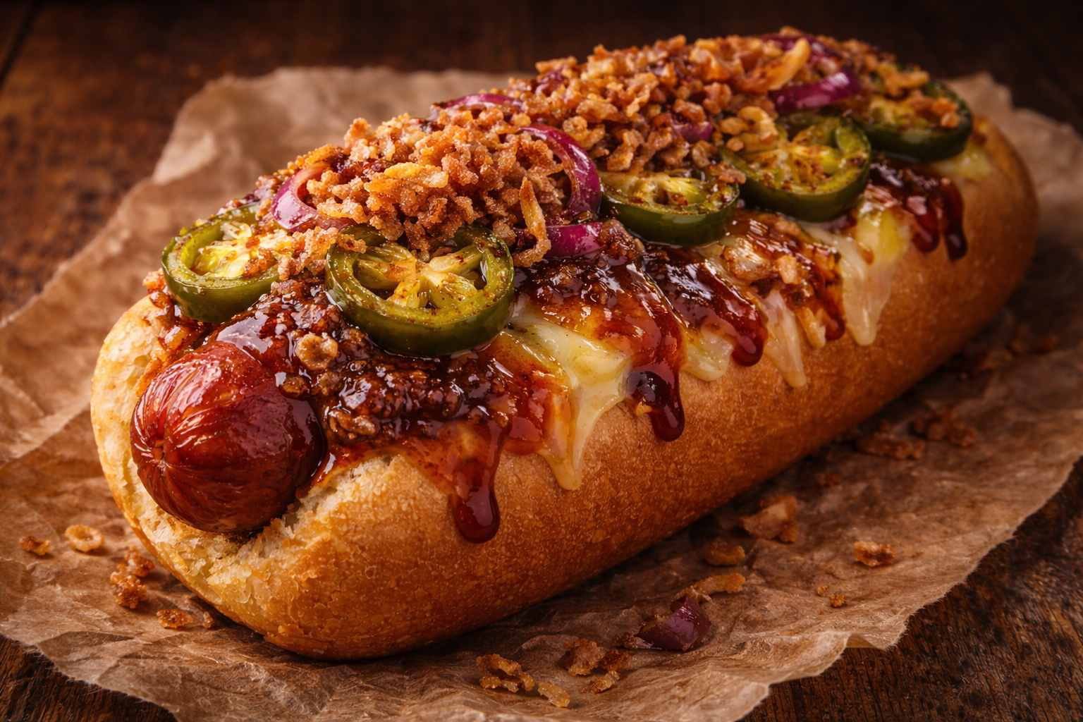 Jalapeño BBQ Paisa con salsa BBQ, jalapeños y queso fundido